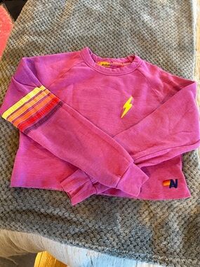 Aviator Nation Purple-Pink Cropped Sweatshirt with Yellow Lightning Bolt